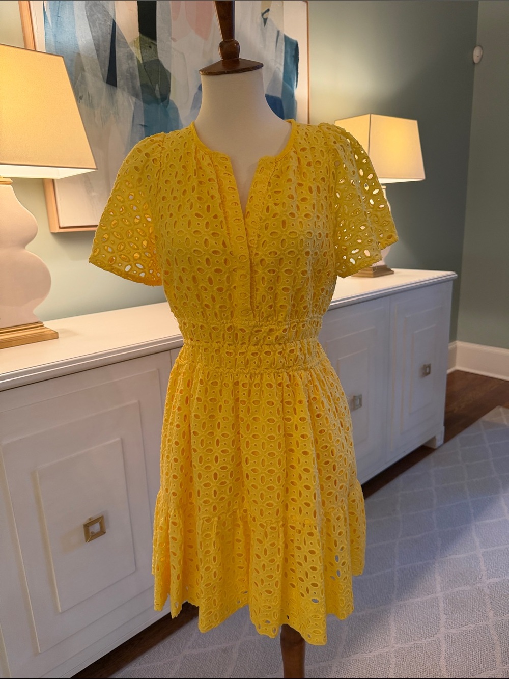 Anthropologie Yellow Eyelet Short Sleeve Tiered Dress